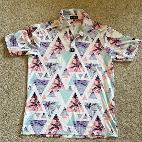 Bad Birdie Other - Bad Birdie Pink and Blue Polo Shirt with Modern Geometric Design